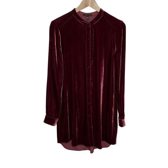 Eileen Fisher Womens Velvet Silk Blend Button Up Tunic Top XS Burgundy Lagenlook - Picture 1 of 10